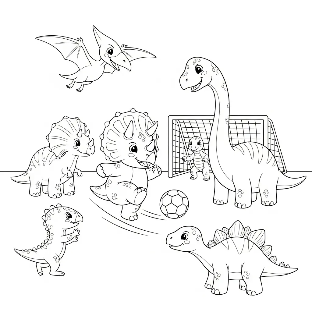 cute dinosaur-themed coloring page of dinosaurs playing soccer