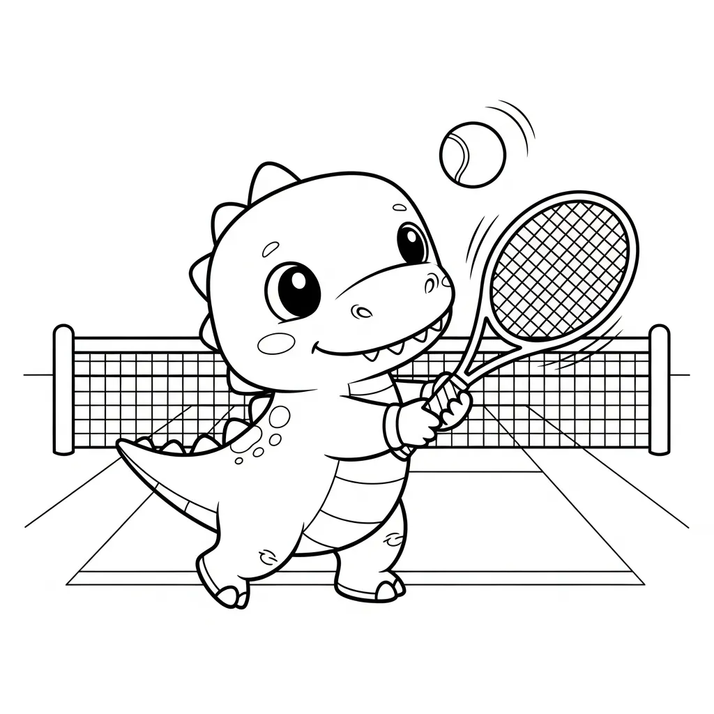 cute dinosaur-themed coloring page of a dinosaur playing tennis