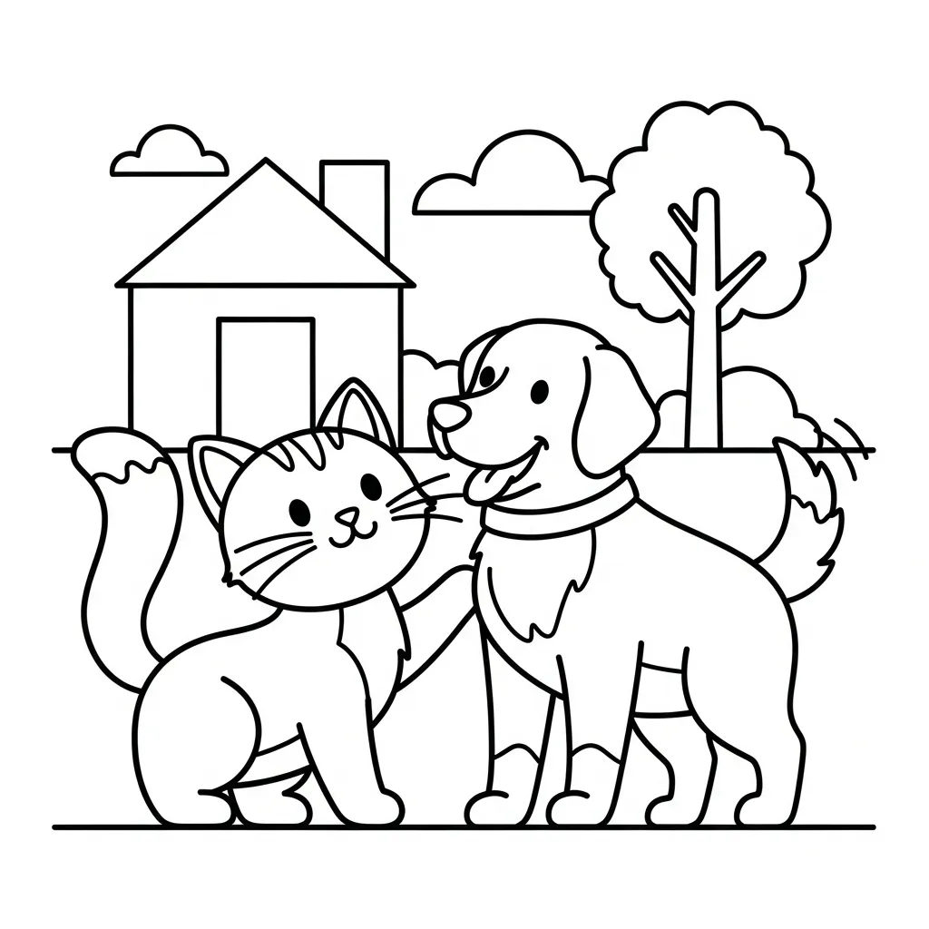 a simple coloring page of a cat and dog