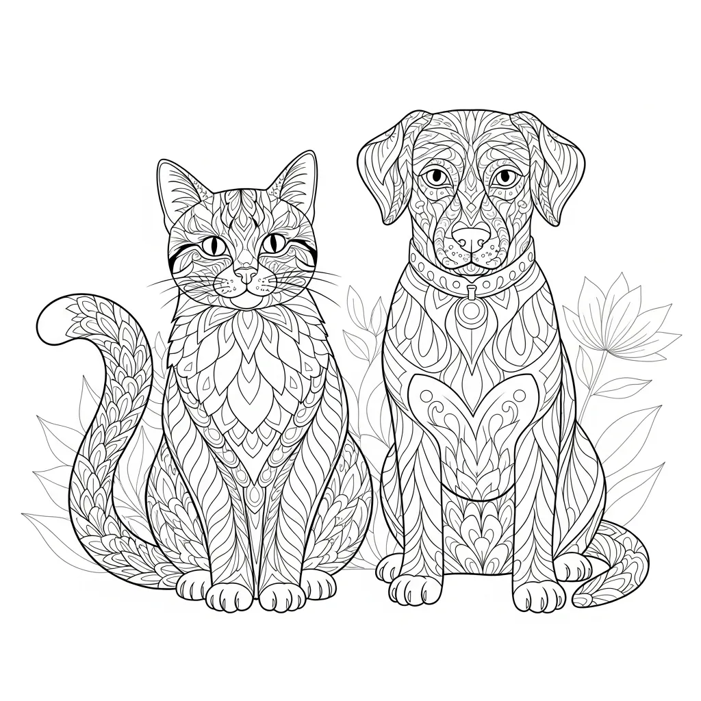 a coloring page of a cat and dog with complex designs suitbale for teens and adults