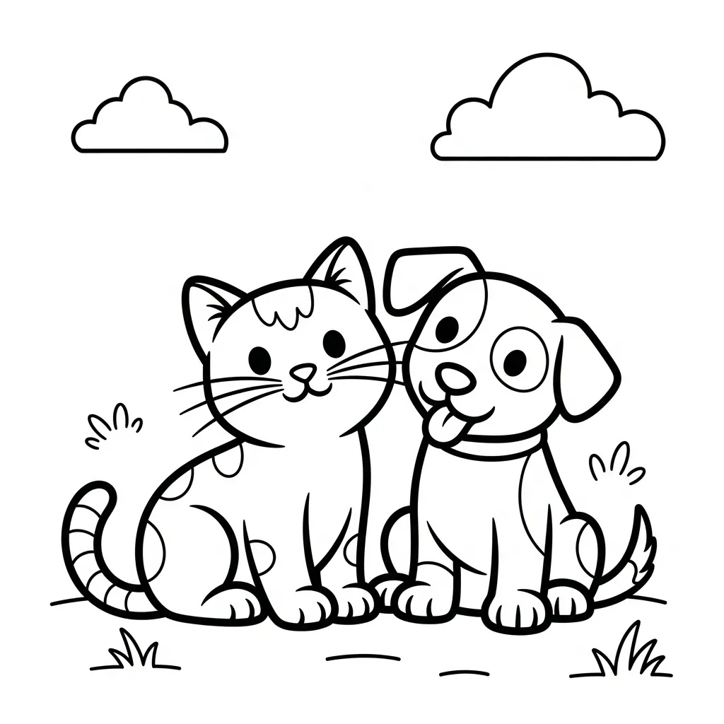 a simple coloring page of a cat and dog
