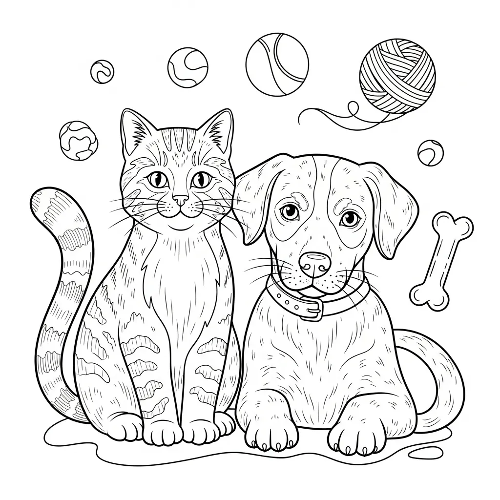 a coloring page of a cat and dog with pet toys like a ball of yarn, ball, and bone floating in the backgrouond