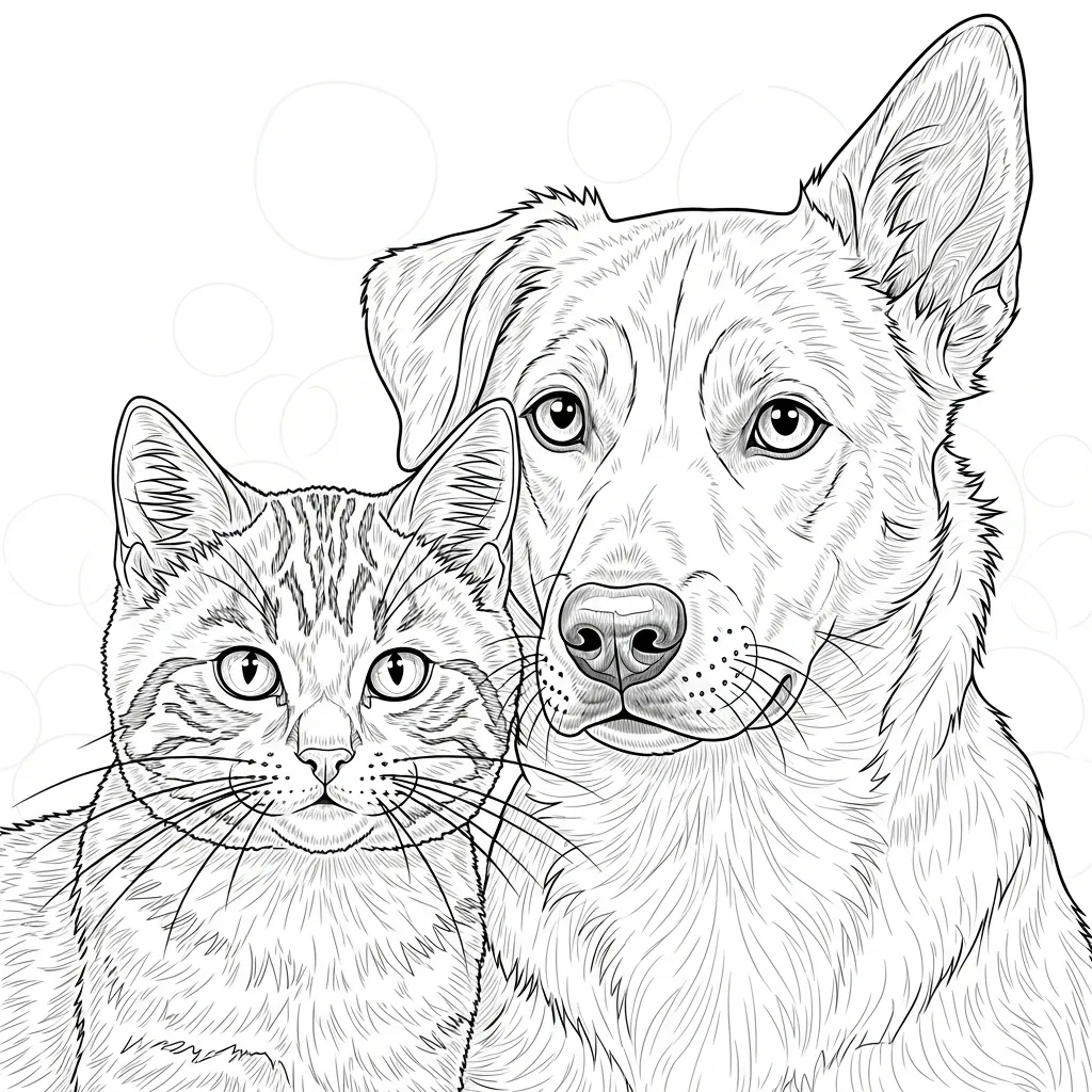 a coloring page of a realistic-looking cat and dog