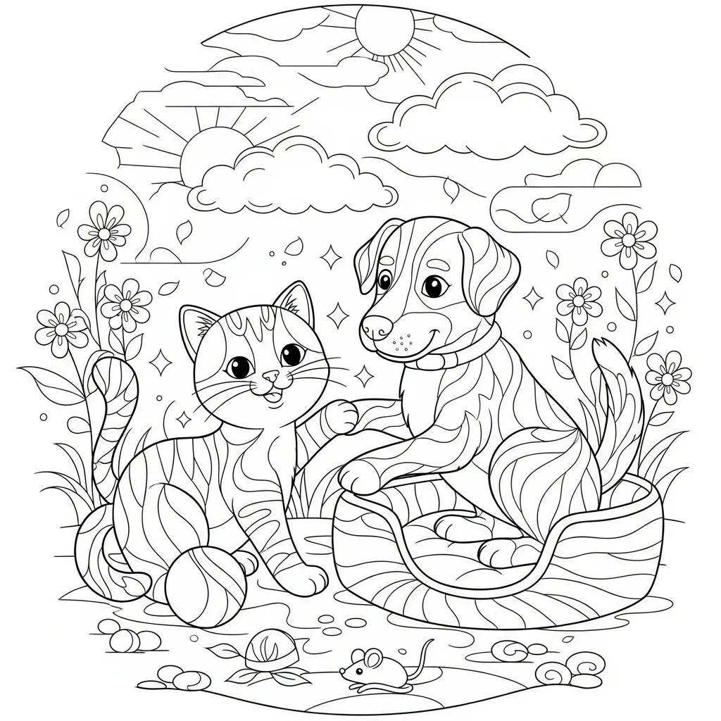 a coloring page of a striped cat and dog playing a garden