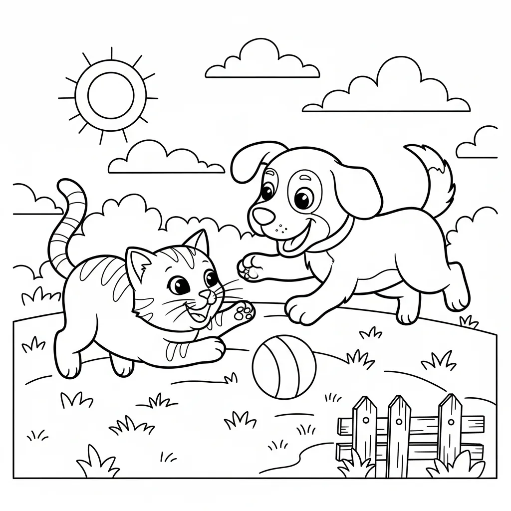 a simple coloring page of a cat and dog playing with a ball outside