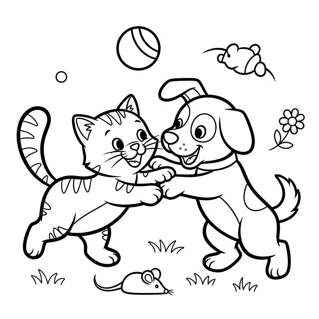 a simple coloring page of a cat and dog playing
