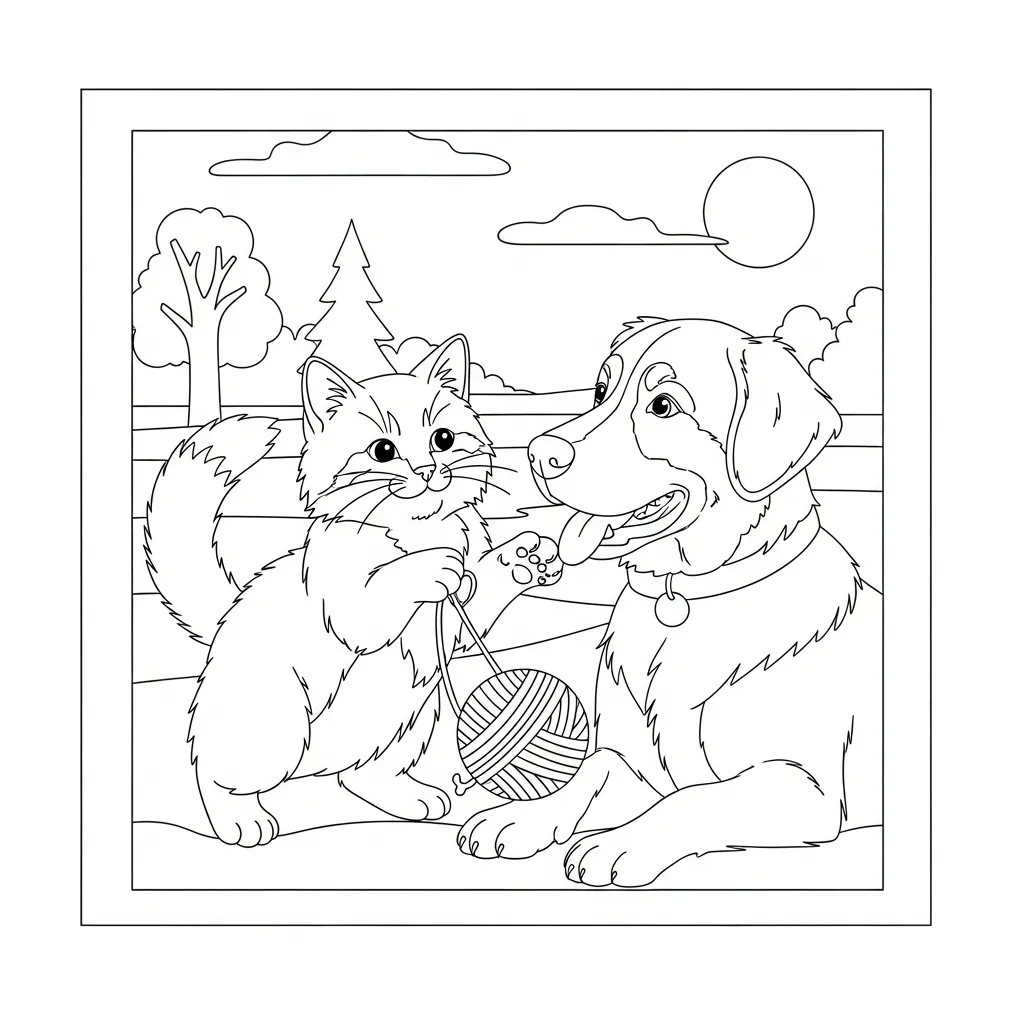 a coloring page of a cat and dog positioned together outside