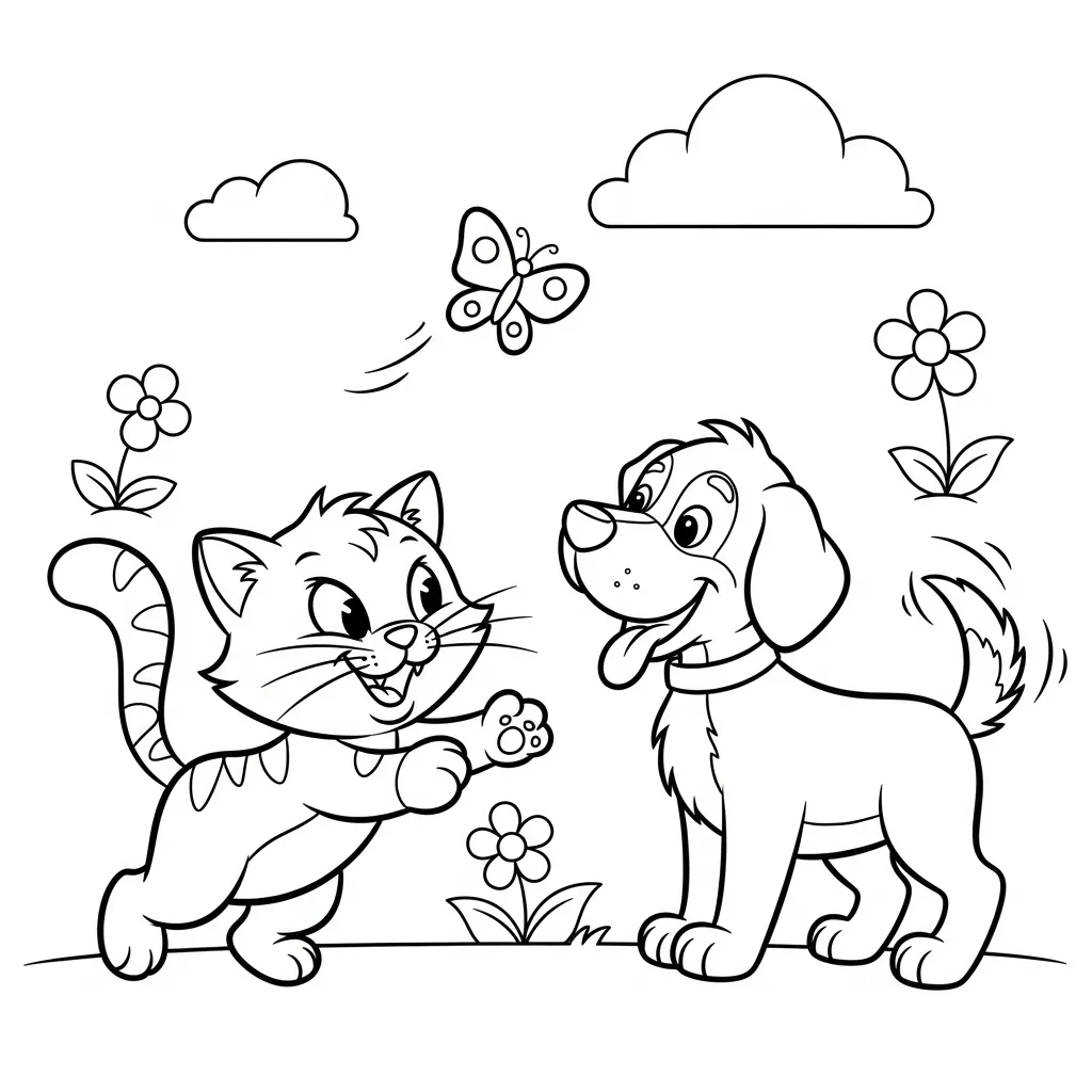 a coloring page of a cartoon cat and dog