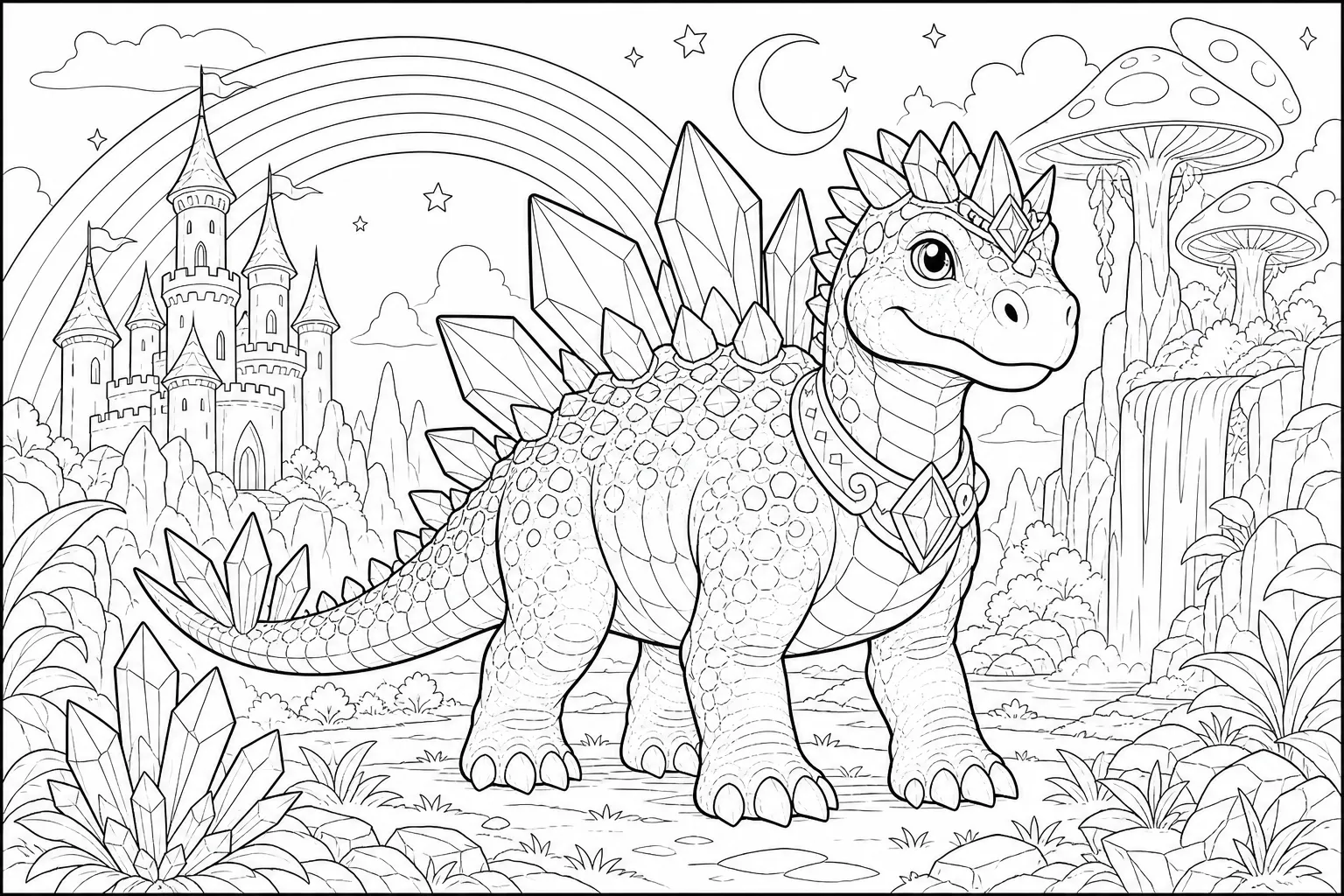 fantasy themed dinosaur coloring page of a crystaline stegosaurus with mushrooms, rainbows, and a princess castle in the background