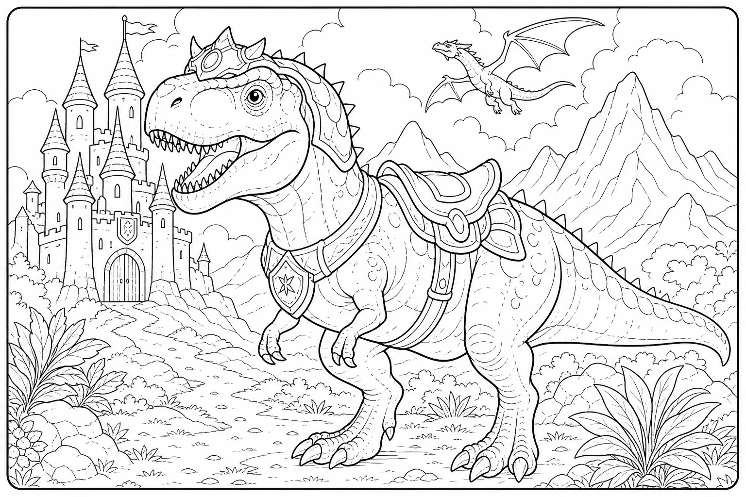 fantasy themed dinosaur coloring page of a t-rex wearing a saddle with a pterodactyle and a princess castle in the background