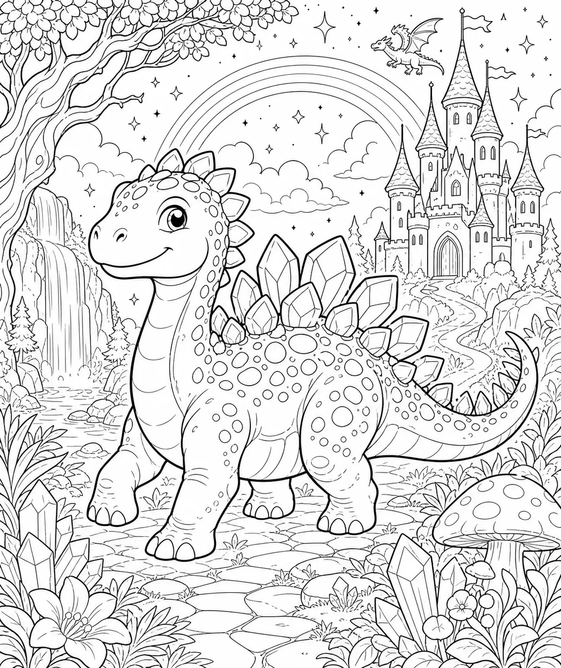 fantasy themed dinosaur coloring page of a crystaline cartoon dinosaur with mushrooms, rainbows, and a princess castle in the background