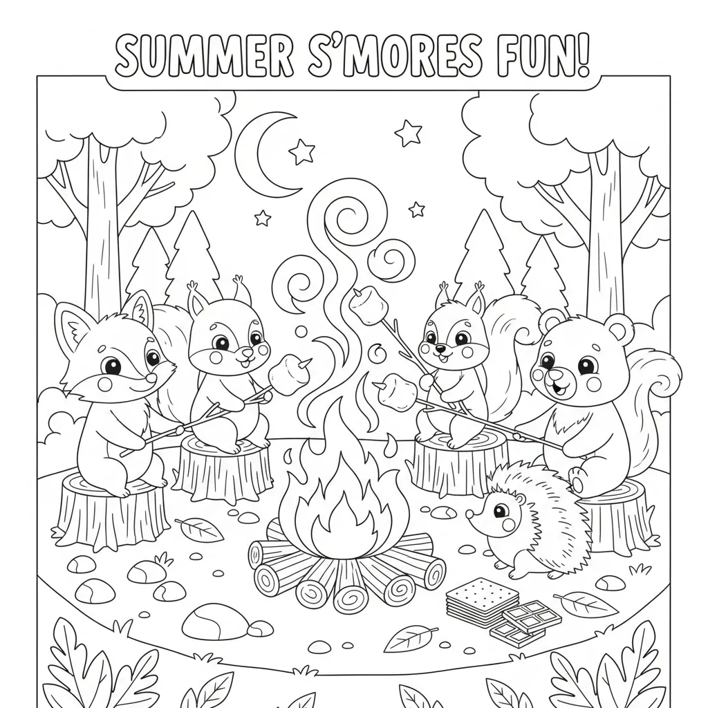 summer coloring page of woodland creatures roasting s'mores over a camp fire