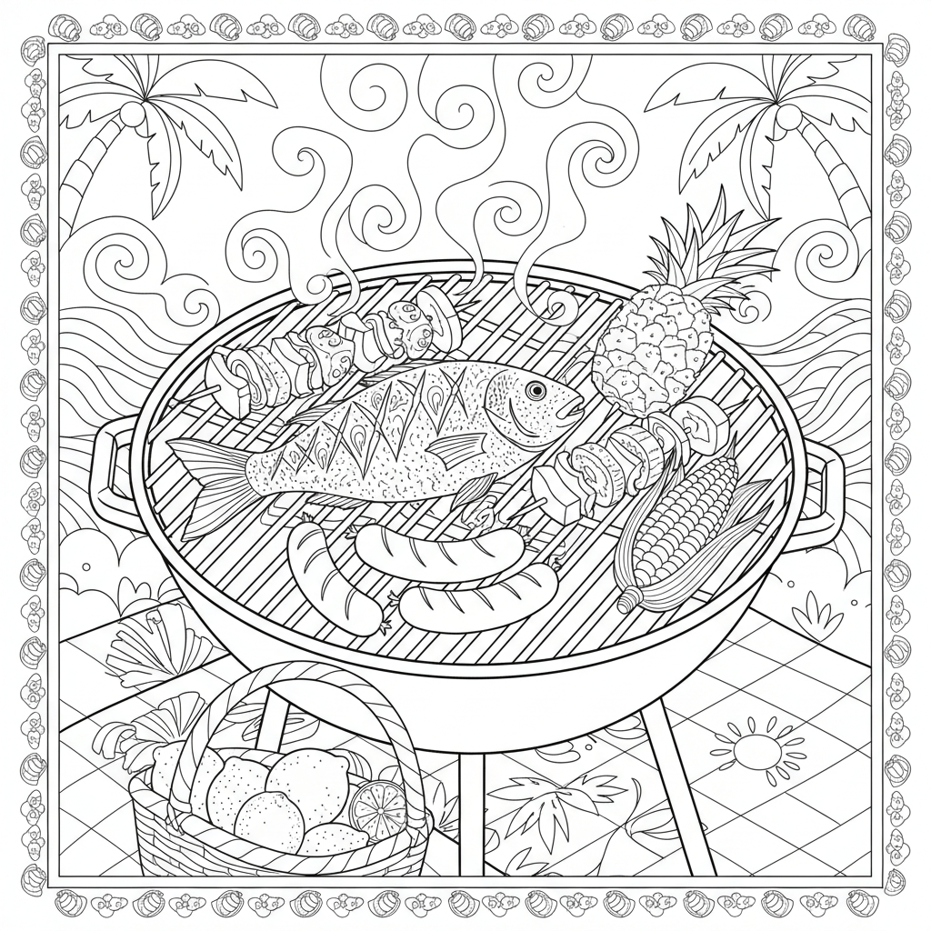 summer coloring page of a food on the grill