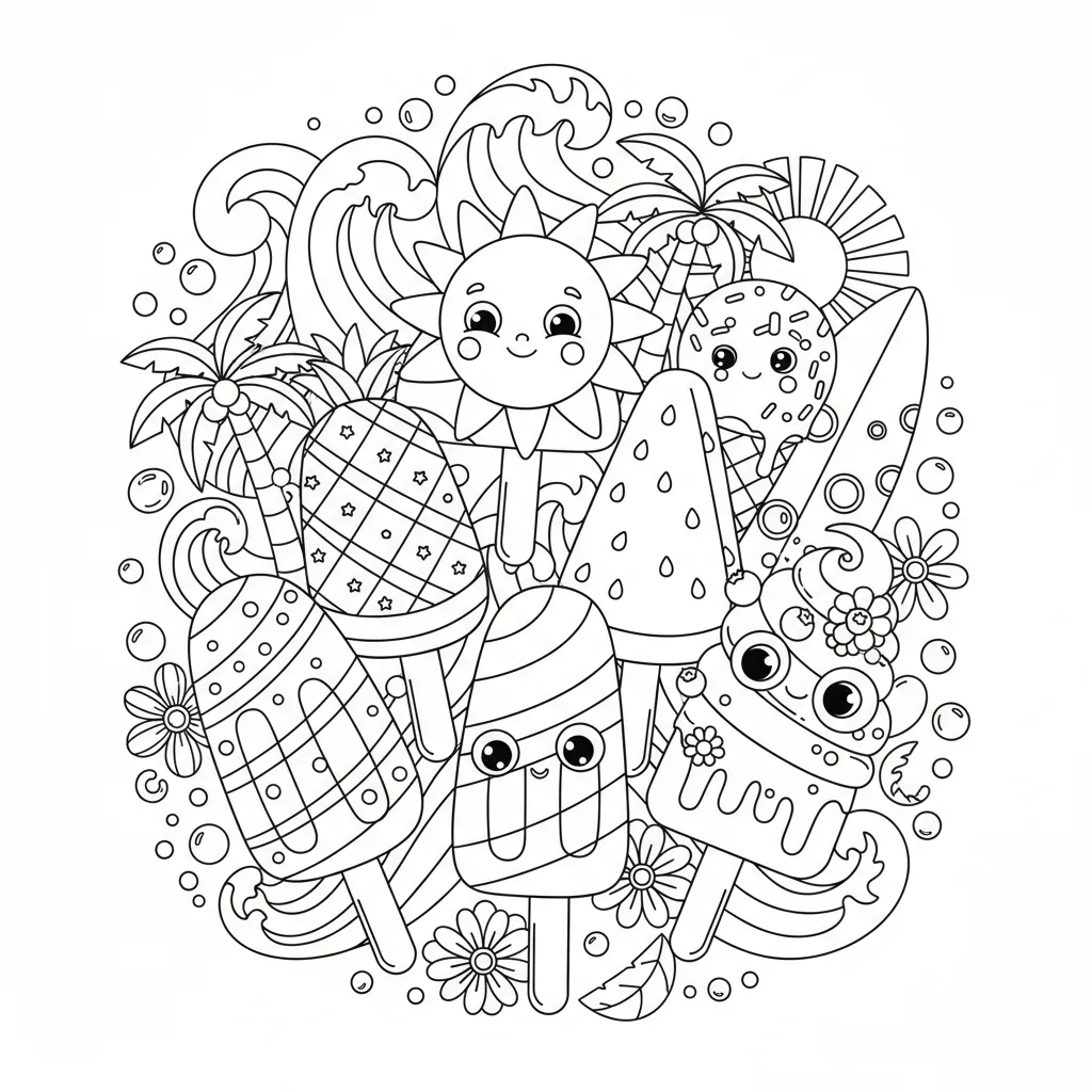 summer coloring page of popsicles