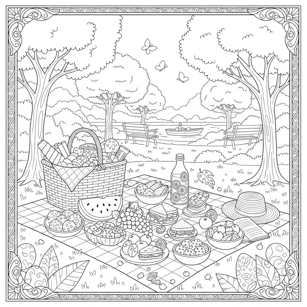 summer coloring page of a picnic