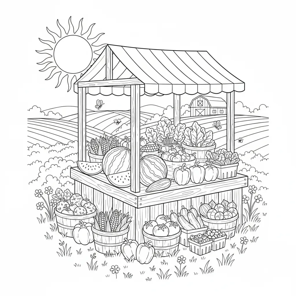 summer coloring page of a farm stand