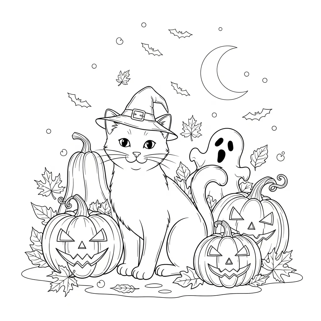 halloween themed cat coloring page of a cat wearing a witch hat and sitting in a pumpkin patch