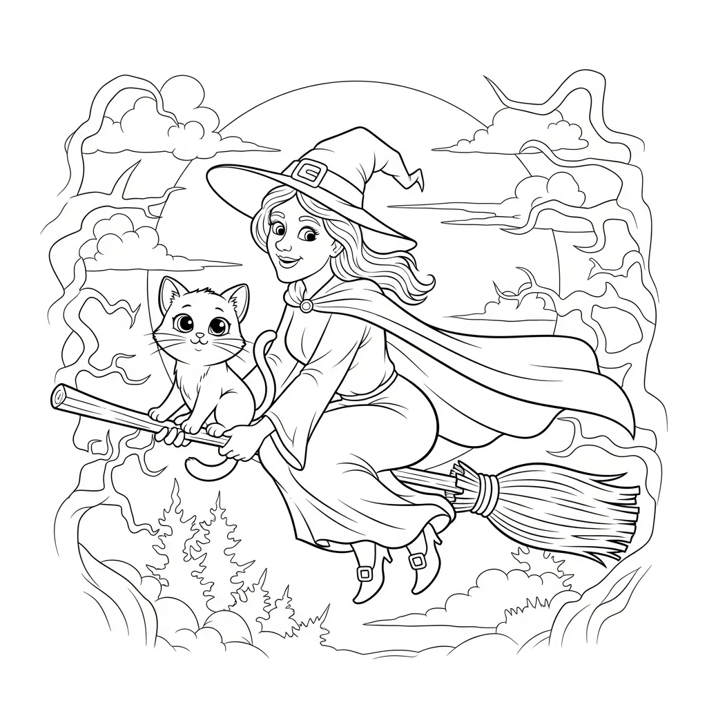 halloween themed cat coloring page of a cute cat and witch riding on a broomstick