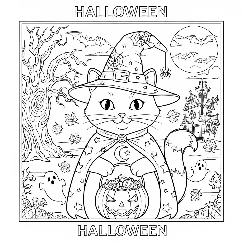 halloween themed cat coloring page of a cat wearing a witch costume and holding a jack-o-lantern filled with candy