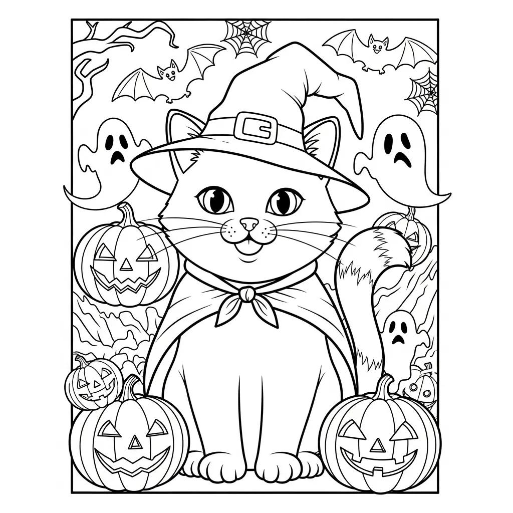 halloween themed cat coloring page of a cat wearing a witch hat with ghosts, pumpkins, and bats surrounding it
