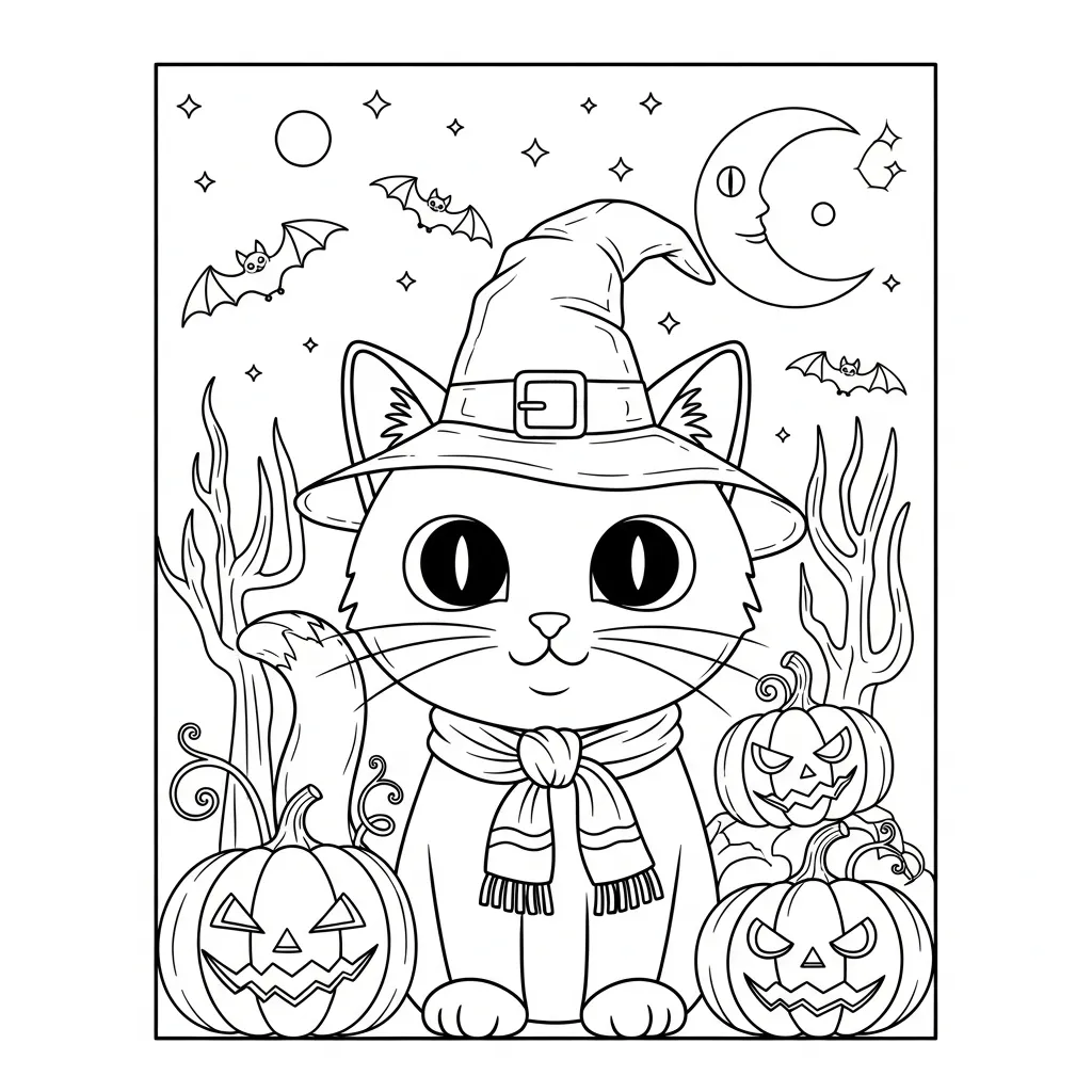halloween themed cat coloring page of a cute cat wearing a witch hat and scarf