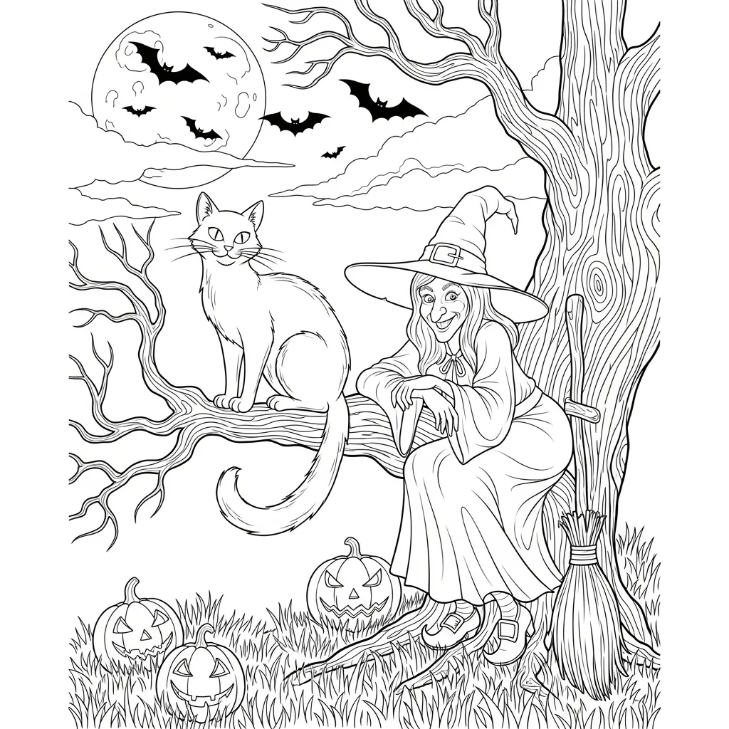 halloween themed cat coloring page of a cat and witch sitting together
