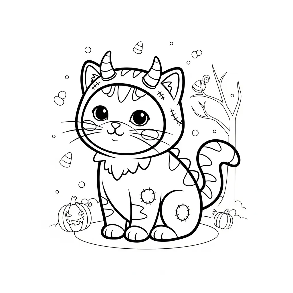 halloween themed cat coloring page of a cat wearing a monster costume