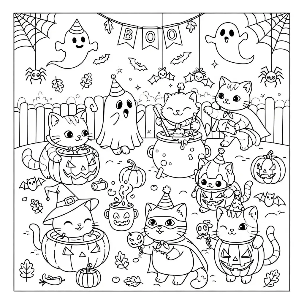 halloween themed cat coloring page of cats having a halloween party