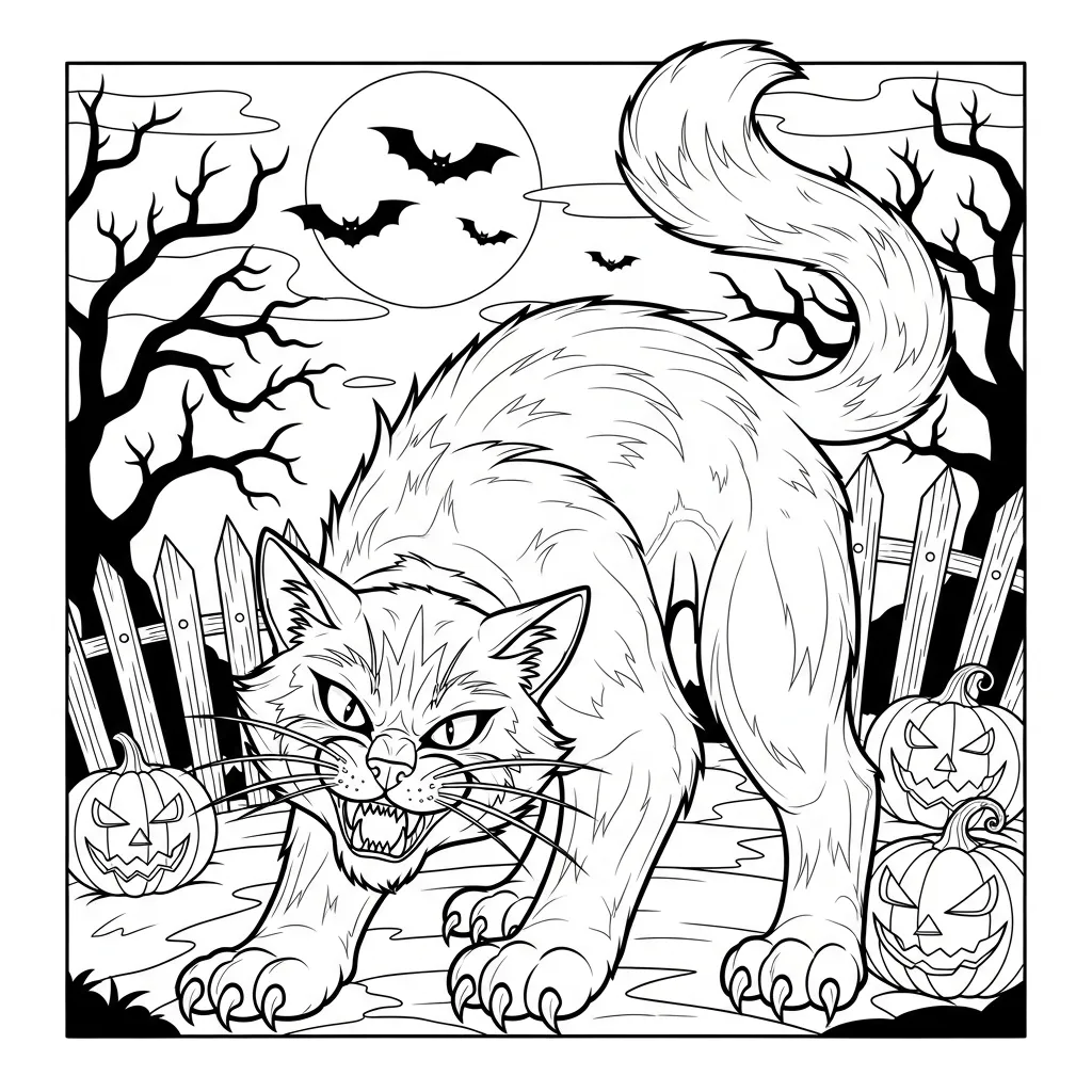 halloween themed cat coloring page of a scary cat