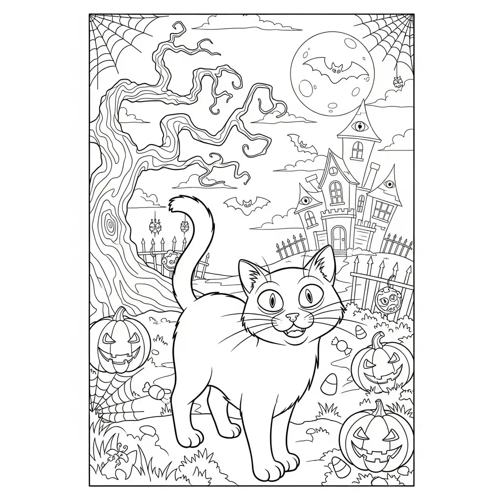 halloween themed cat coloring page of a cat in front of a haunted house with jack-o-lanterns on the ground next to it