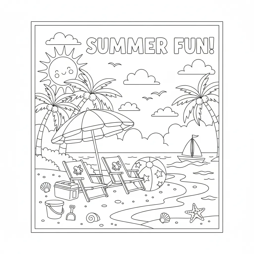 summer coloring page for kids of a beach scene