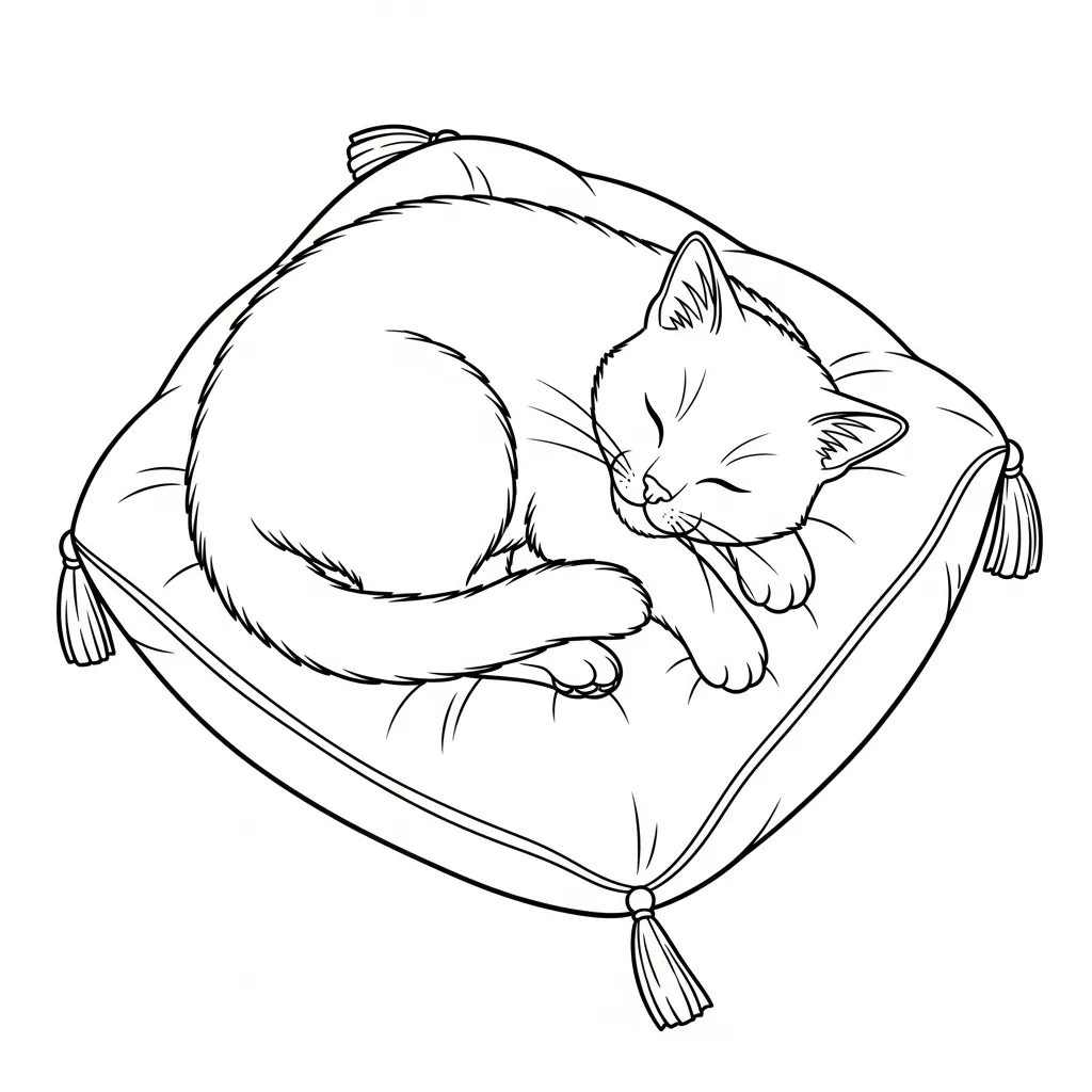 coloring page for kids of a cat sleeping on a cushion