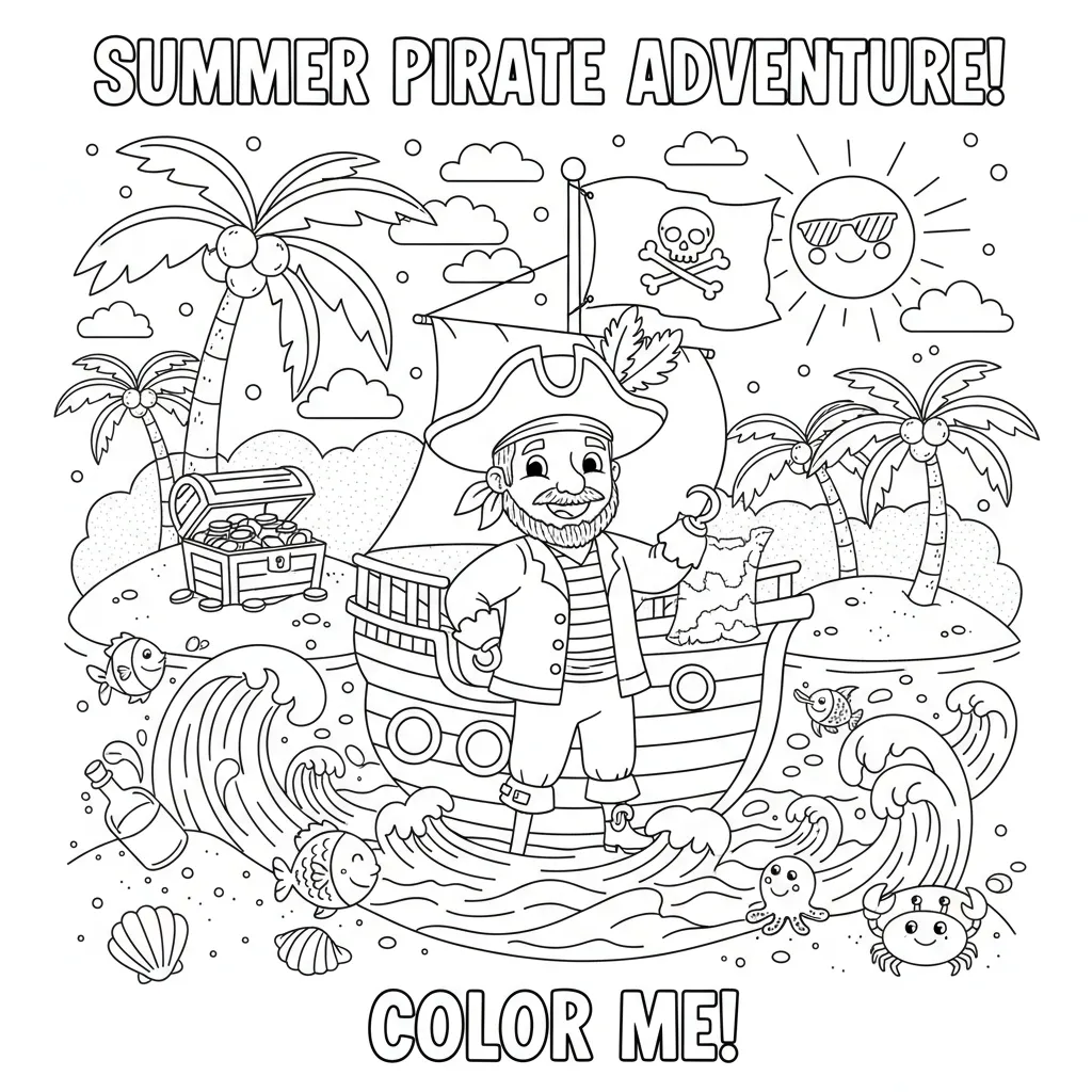 summer coloring page for kids of a pirate scene