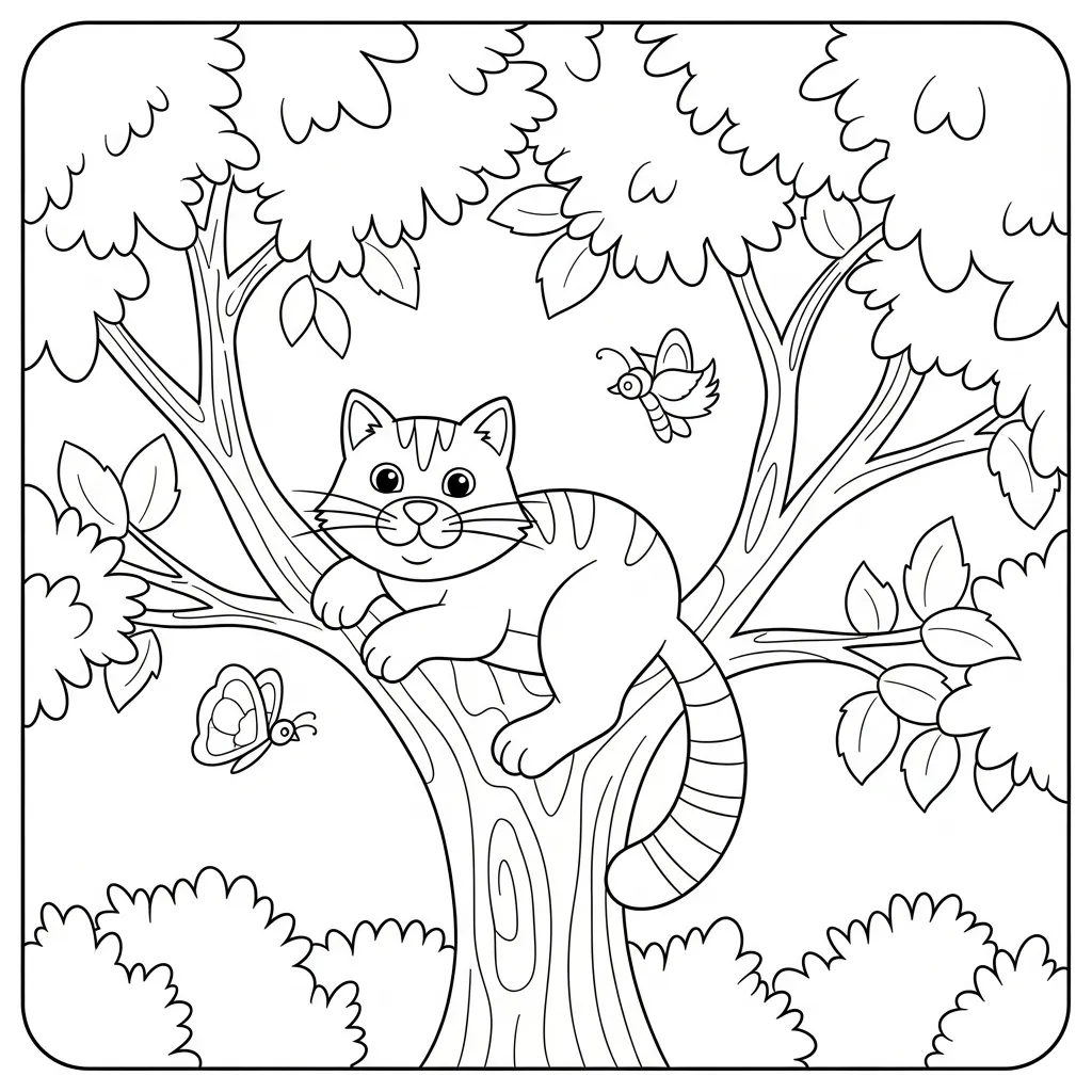 coloring page for kids of a cat in a tree