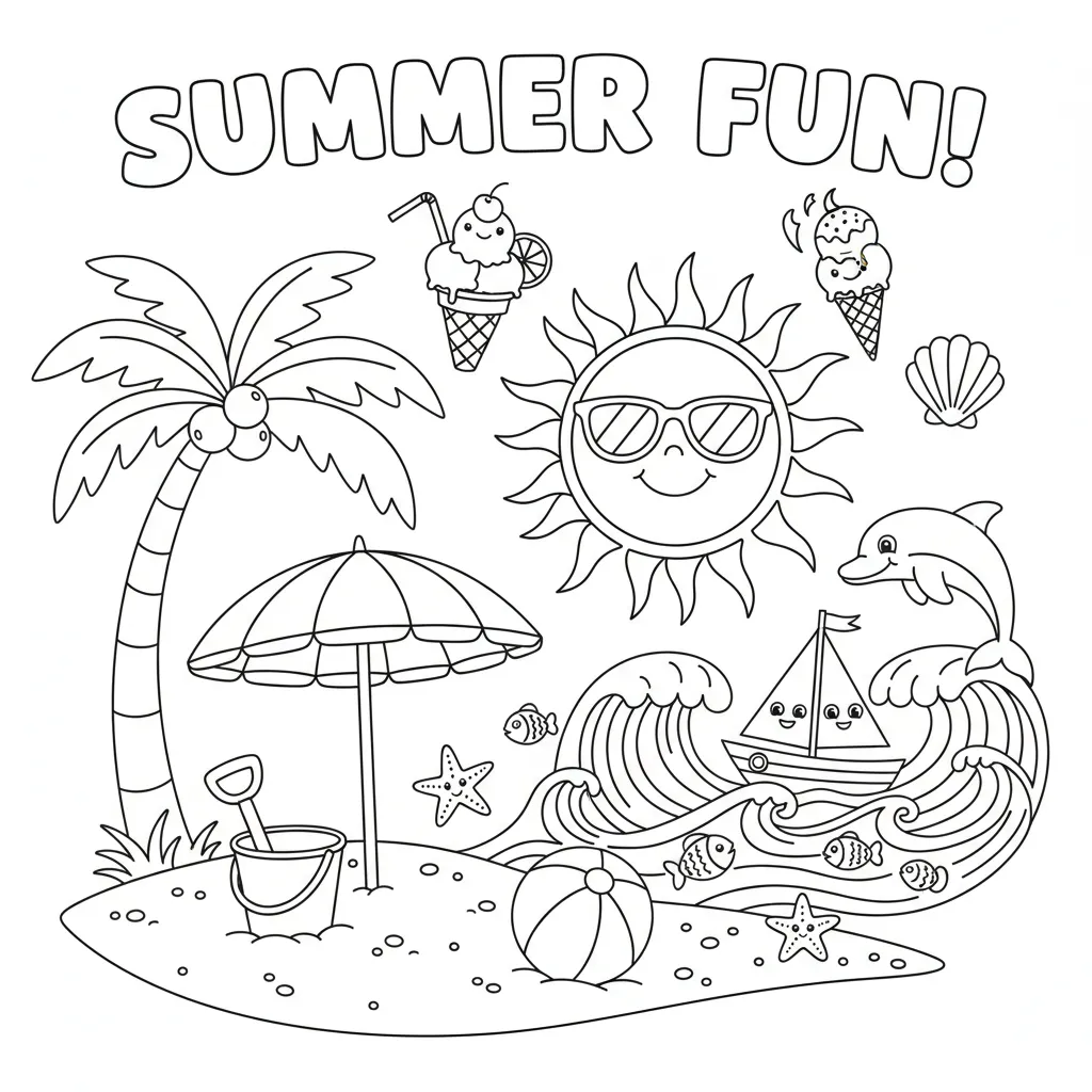 summer coloring page for kids of a beach scene