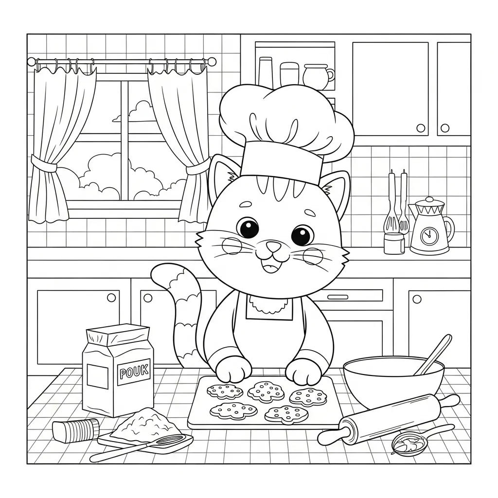 coloring page for kids of a cat baking cookies