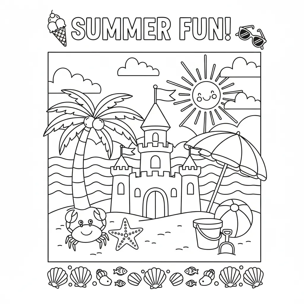 summer coloring page for kids of a beach scene