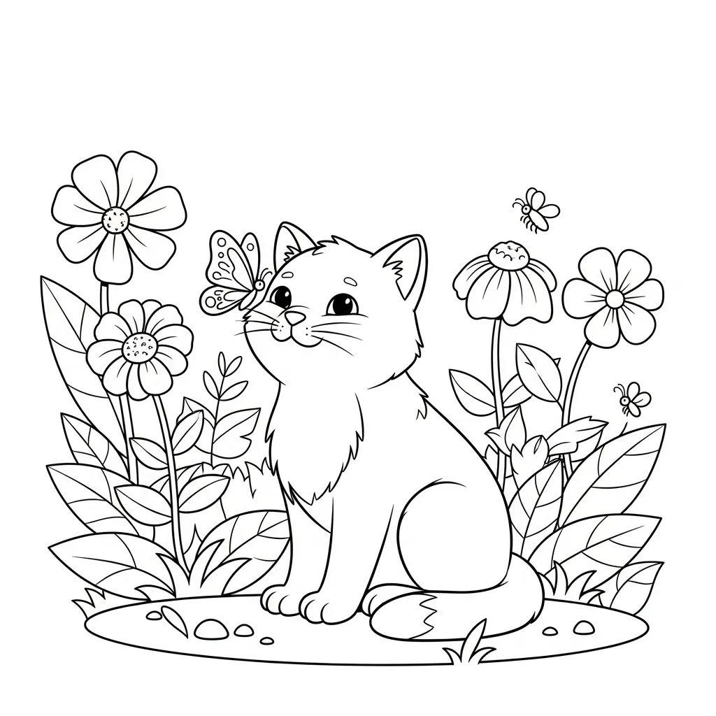 coloring page for kids of a cat in a garden with a butterfly