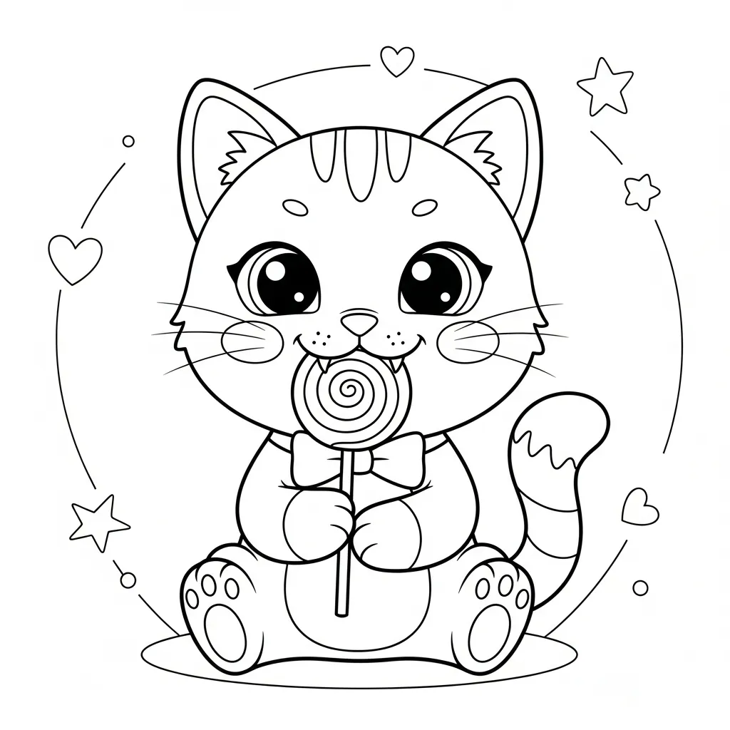 coloring page for kids of a cat eating a lollipop