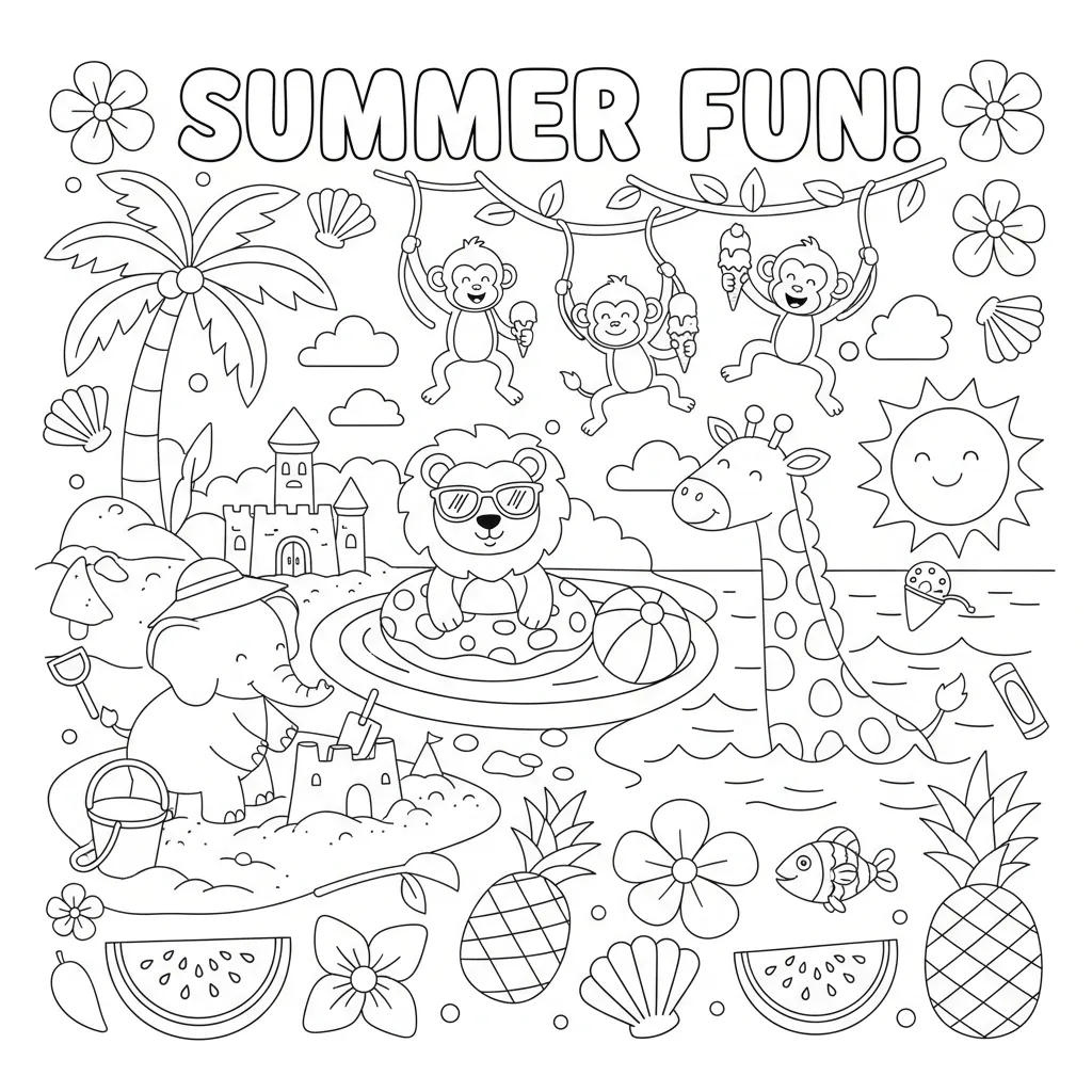 summer coloring page for kids of a beach scene