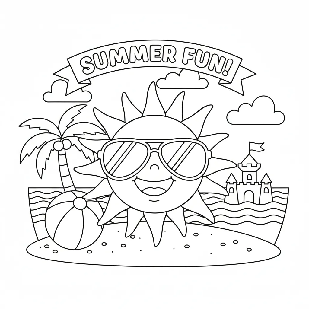 summer coloring page for kids of a beach scene and a sun wearing sunglasses