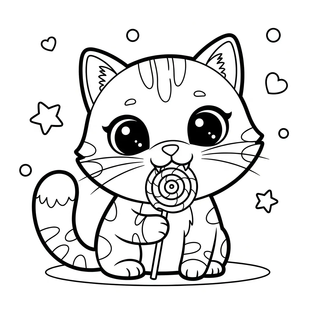 coloring page for kids of a cat eating a lollipop