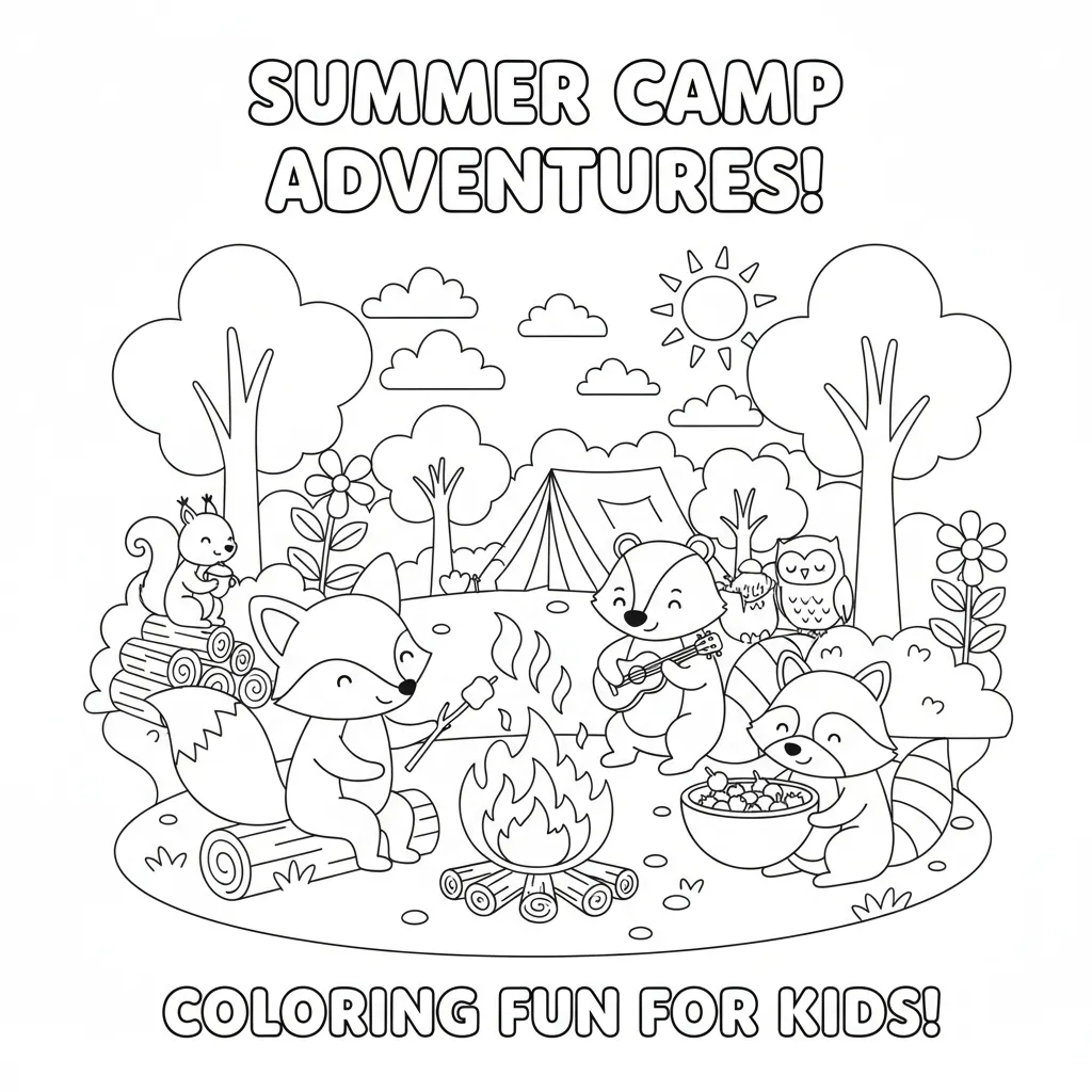 summer coloring page for kids of a camping scene