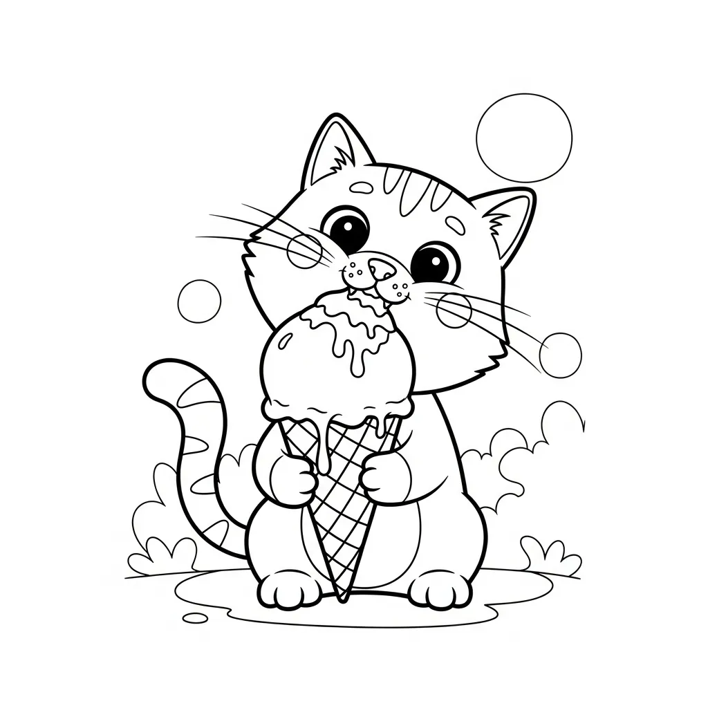 coloring page for kids of a cat eating an ice cream cone
