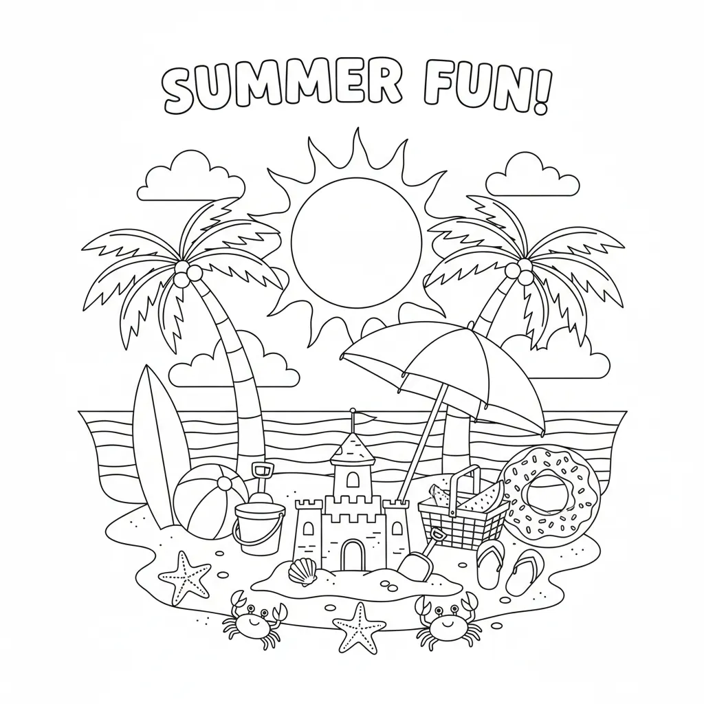 summer coloring page for kids of a beach scene