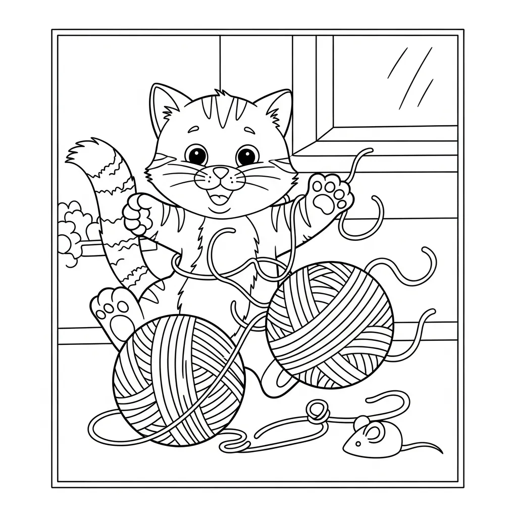 coloring page for kids of a cat playing with a ball of yarn