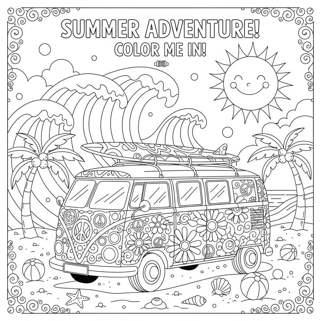 summer coloring page for kids of a beach scene with a hippie wagon