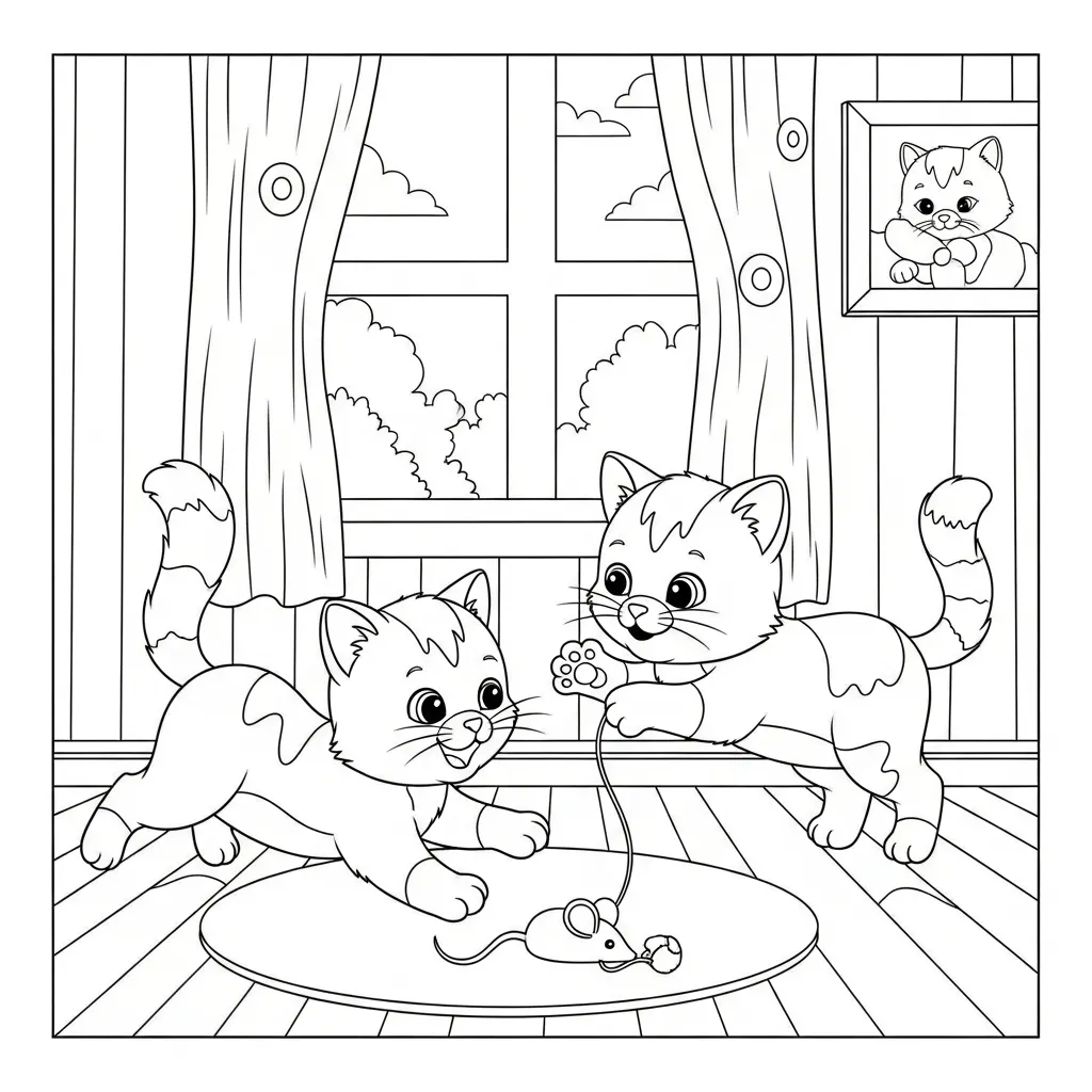 coloring page for kids of two cats playing
