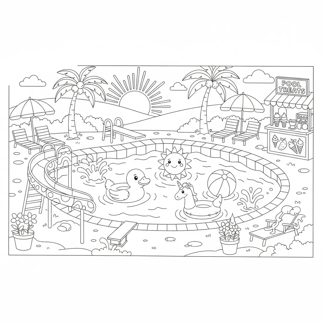 summer coloring page for kids of a pool scene