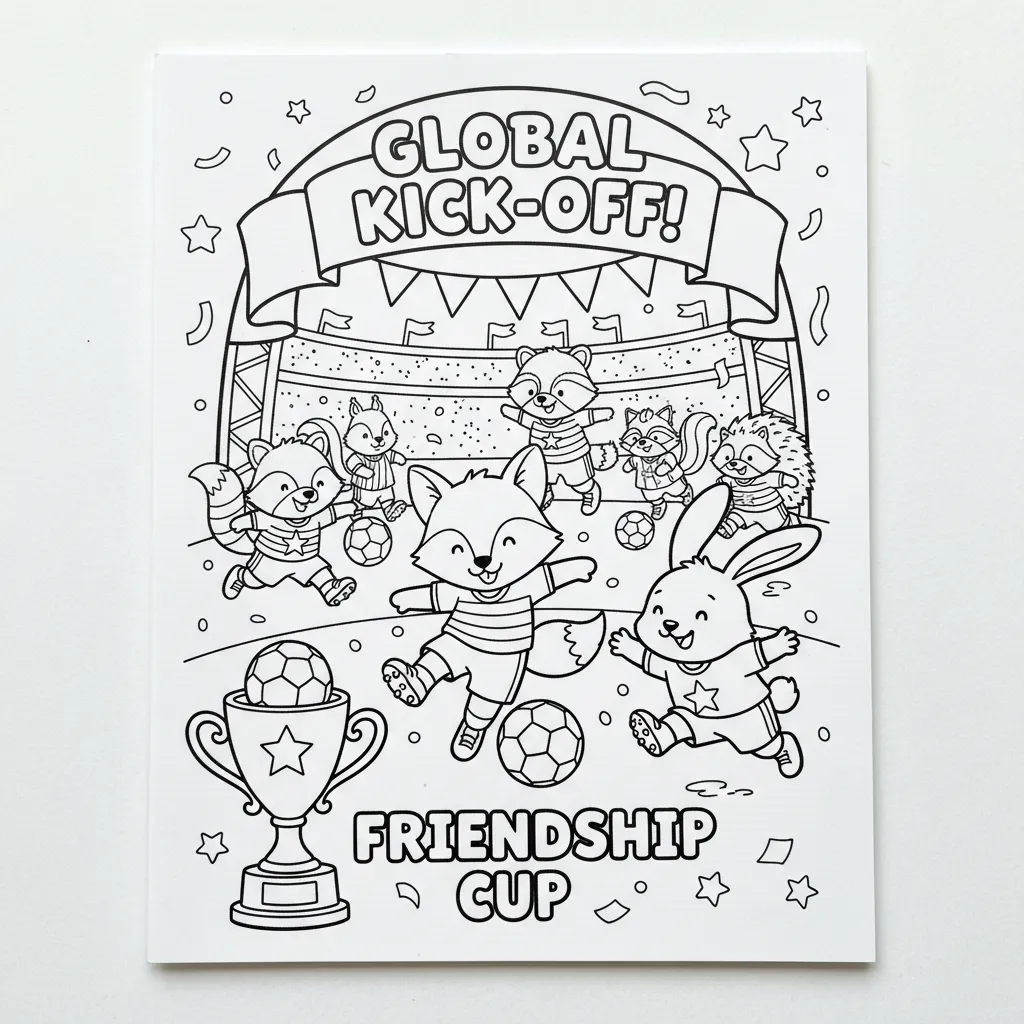 soccer coloring page for kids featuring cute animals playing soccer
